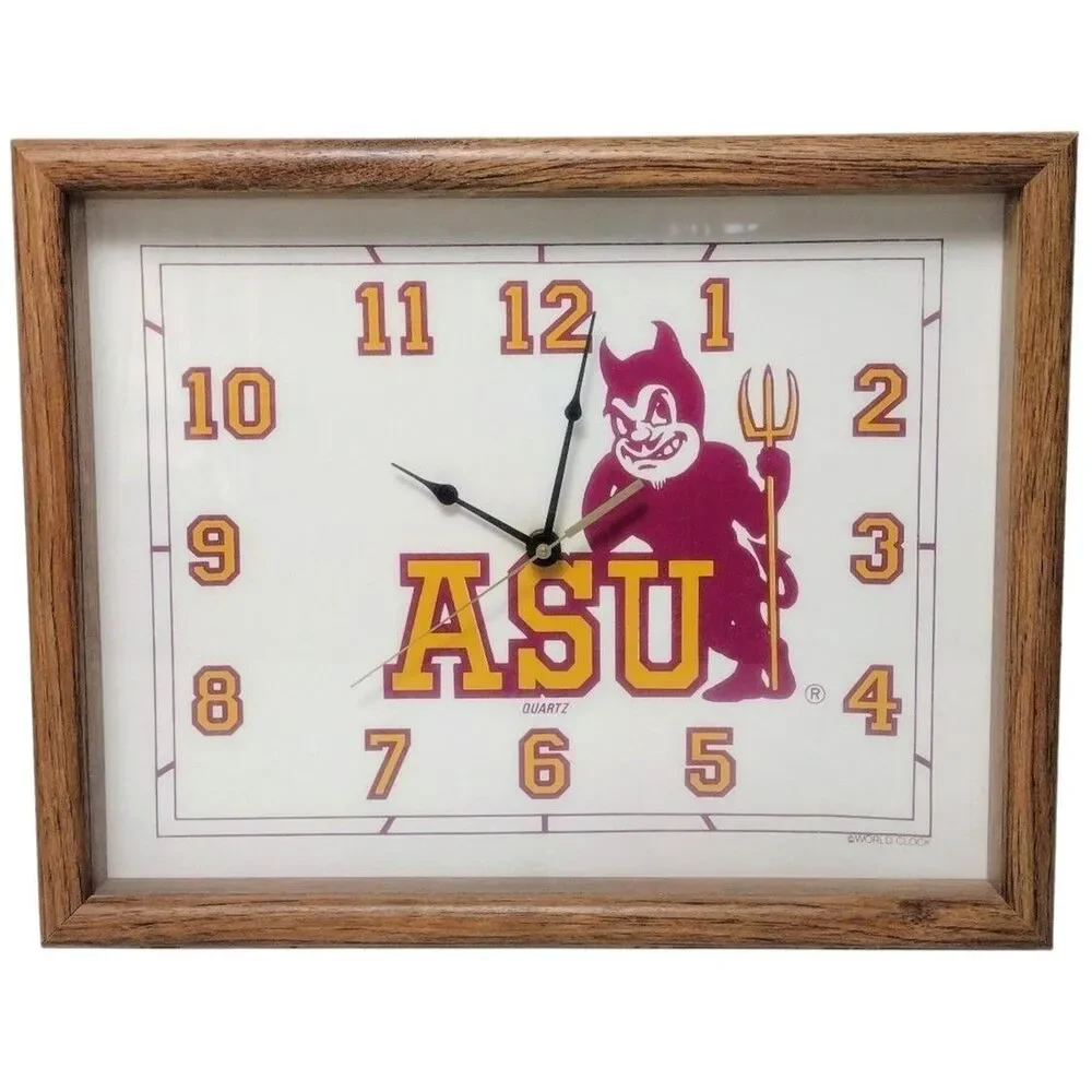 Vintage 70s Arizona Sun Devils ASU Wood Framed Glass Quartz Wall Clock 14